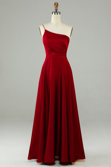 Burgundy A-Line One Shoulder Satin Long Bridesmaid Dress with Ruffles